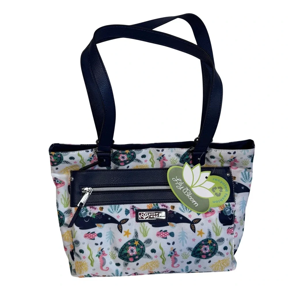 NWT Lily Bloom Ocean-Turtles-Whales-Sea Dakota Tote Navy Blue Recycled Fashion